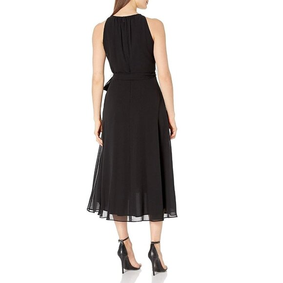 Tahari ASL Ruched Neck Waist Tie High Low Sleeveless Midi Dress - Picture 2 of 12